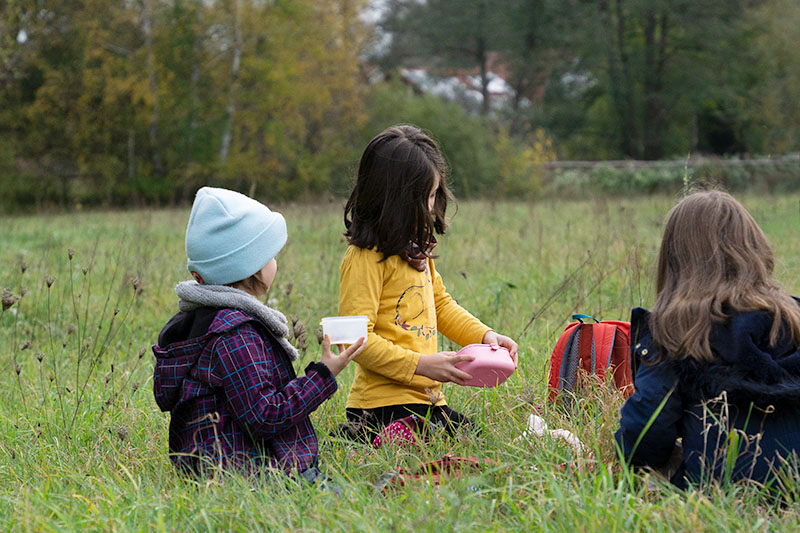 Kinder sitzen im Herbst auf einer Wiese im Gras und essen.